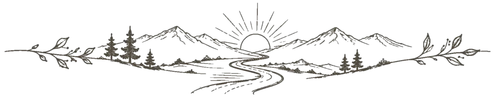 Minimal line drawing of a landscape with a sun, road, and mountains