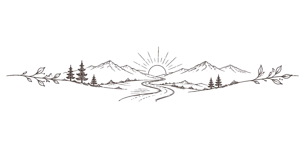 Minimal line drawing of a landscape with a sun, road, and mountains