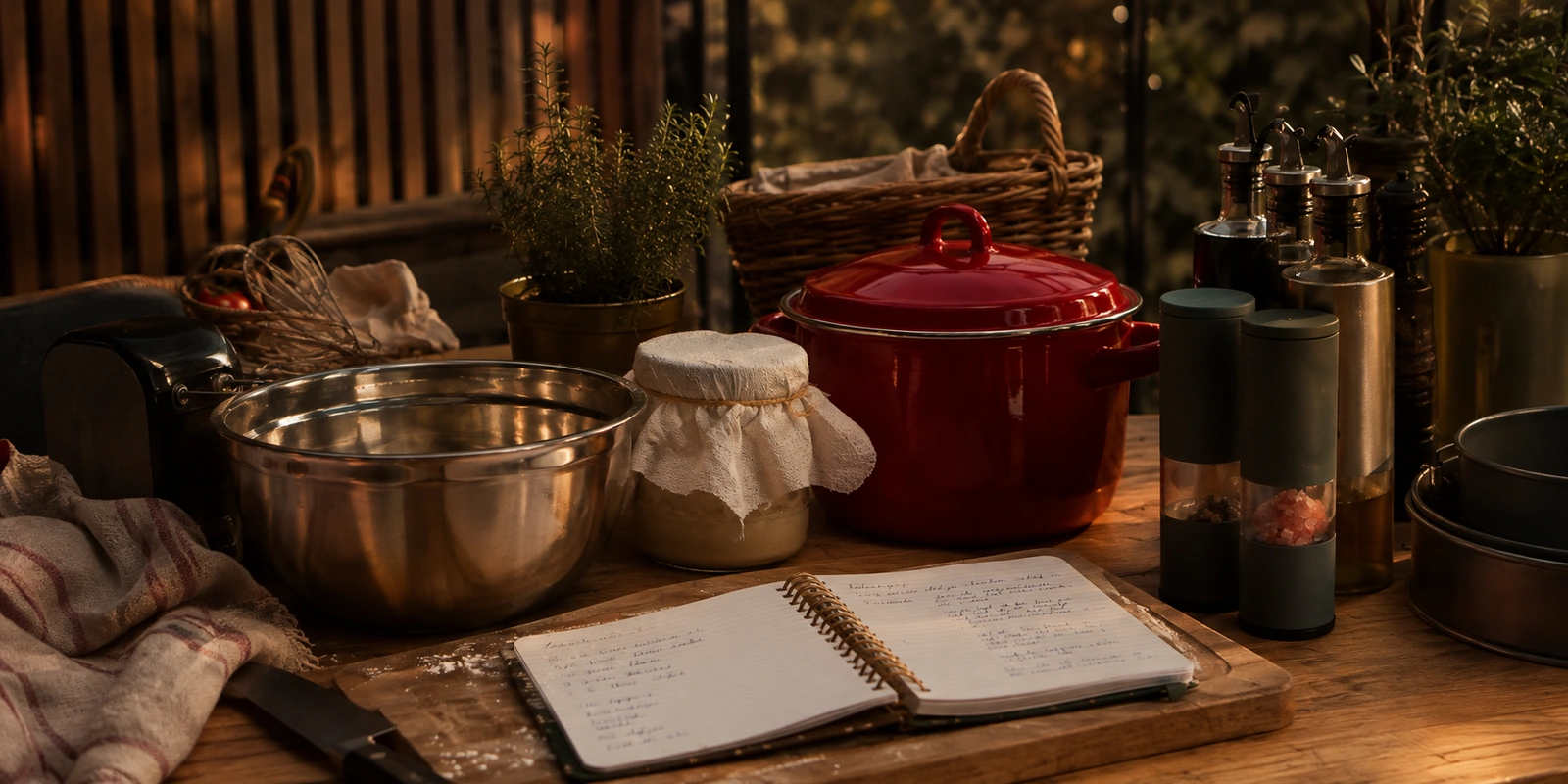 A baker’s notebook on a flour-dusted cutting board, surrounded by sourdough baking essentials