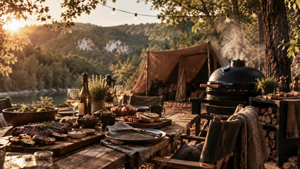 Rustic campsite table with a barbecue meal, bread and wine, beside a river with mountains and a tent in the background