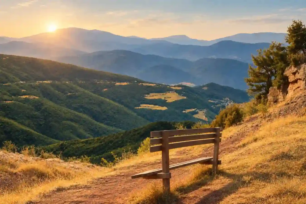 Small bench overlooking the Pyrenees, with a narrow path winding uphill