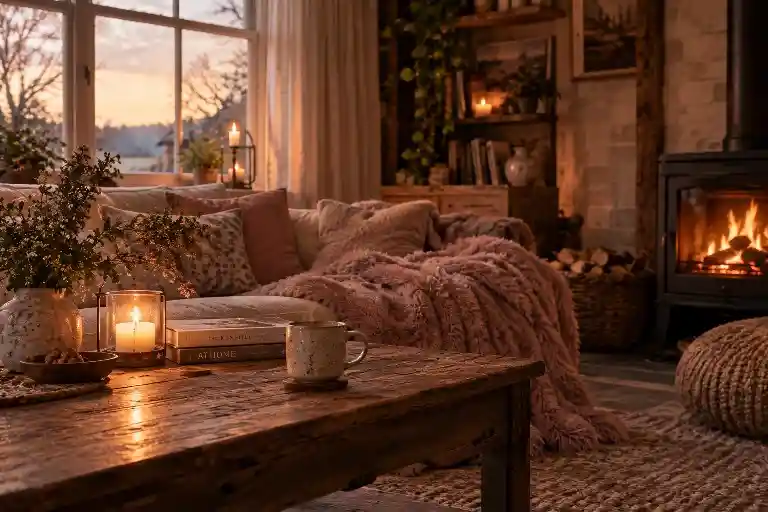 Cosy living room with a soft pink throw, candles and a glowing wood-burning stove
