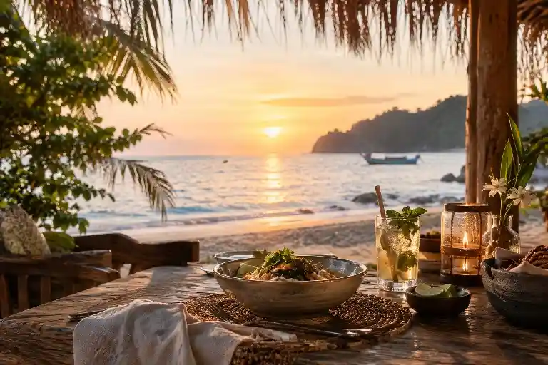 Meal at a wooden table on a tropical beach at sunset
