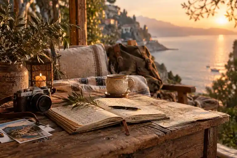 Open travel journal with a camera and coffee on a wooden table overlooking the sea