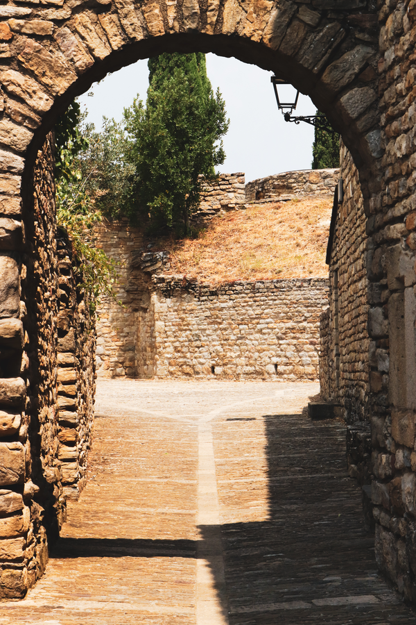 A framed view through an old stone archway leading into a sunlit street in Roda de Isábena, showcasing historic masonry walls and a cypress tree.