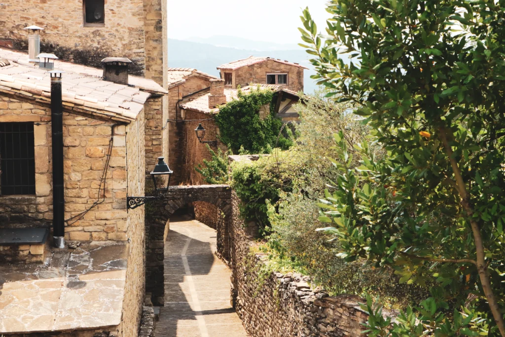 An elevated view of a narrow, historic stone street in Roda de Isábena featuring a stone archway, rustic houses with tiled roofs, and lush green trees framing the right side.