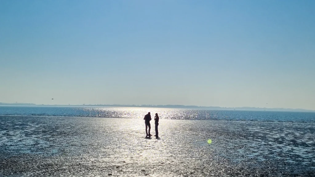 Silhouettes of two people standing on the exposed mudflats of the Wadden Sea, surrounded by shimmering water under a clear blue sky in bright sunlight.