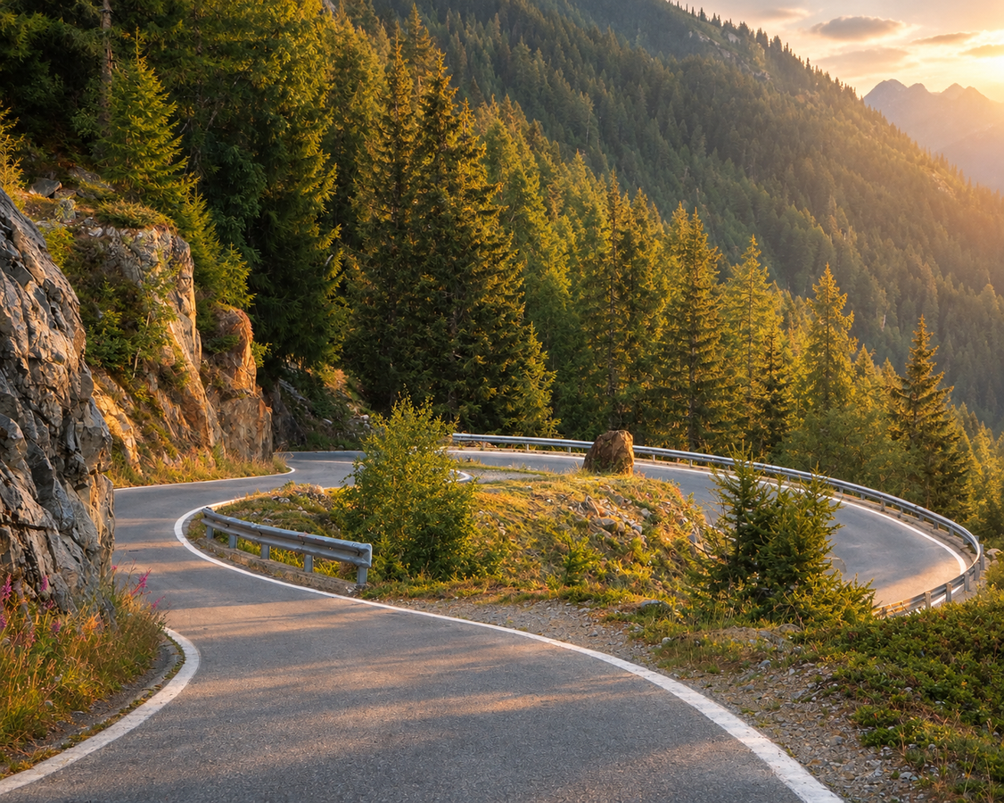 A low-angle view of an empty asphalt road winding through a sharp hairpin turn around a rocky cliff face, on the mountain route towards a hidden reservoir, surrounded by dense pine forests.