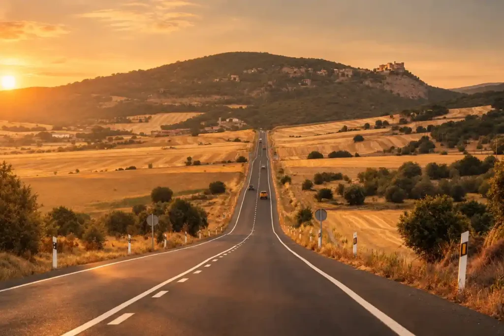 A road leading towards the PyreneesA low-angle, central perspective of an empty two-lane highway stretching toward a distant hill topped with a historic castle, flanked by golden fields at sunset.