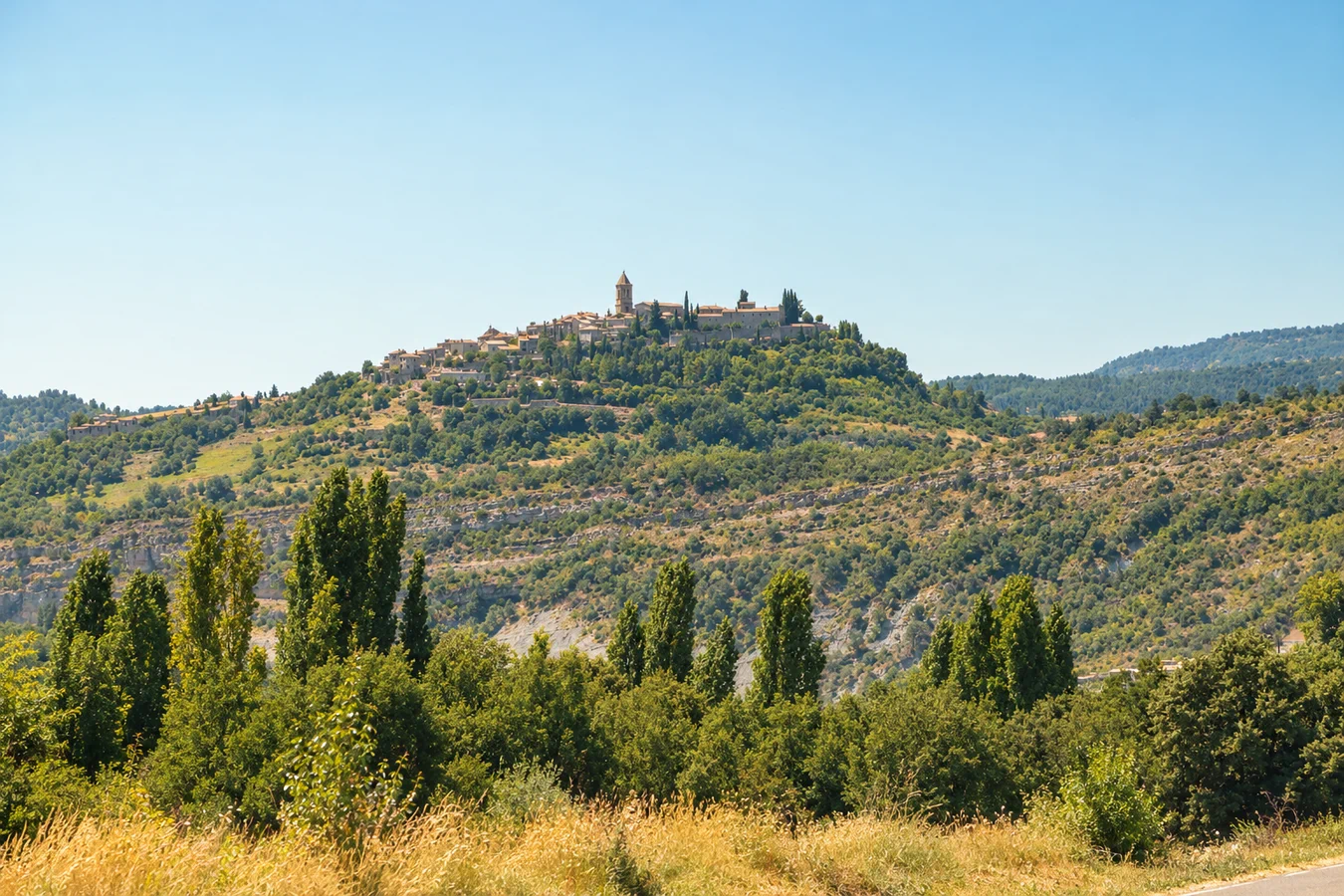 A distant view of the historic village of Roda de Isábena, seen from the road through the Isábena Valley, with the village rising above the surrounding landscape.