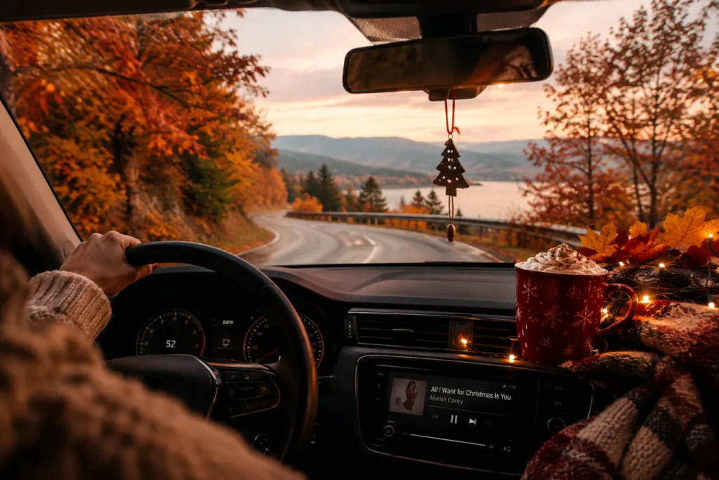 Autumn drive past colourful trees and a lake, with Christmas lights, hot chocolate and Mariah Carey playing in the car.