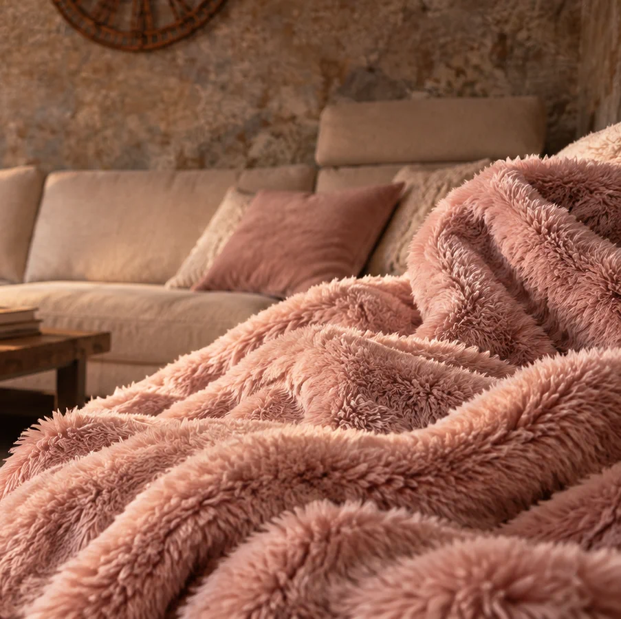 Large pink fluffy blanket on a sofa