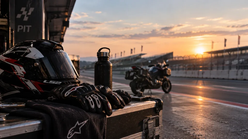 Motorcycle and helmet seen from the paddock