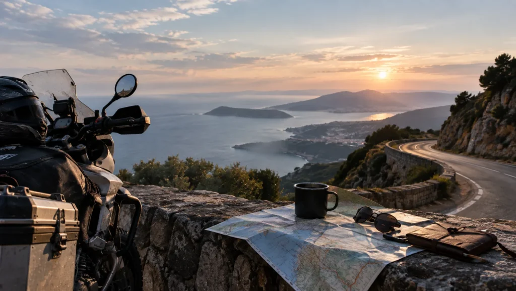 Motor and map on a roadside overlooking the sea