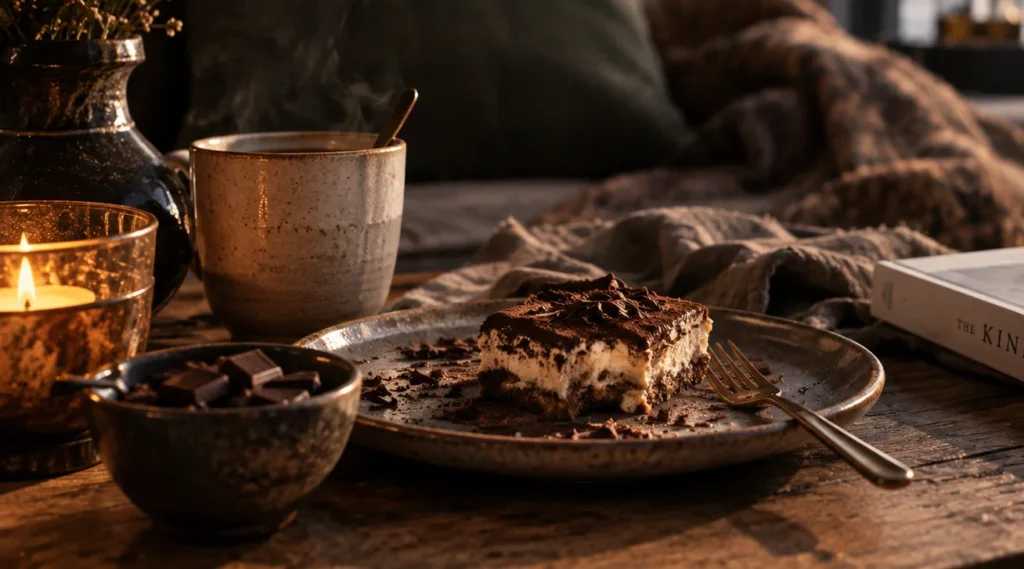 Chocolate cheesecake with coffee on an atmospheric table