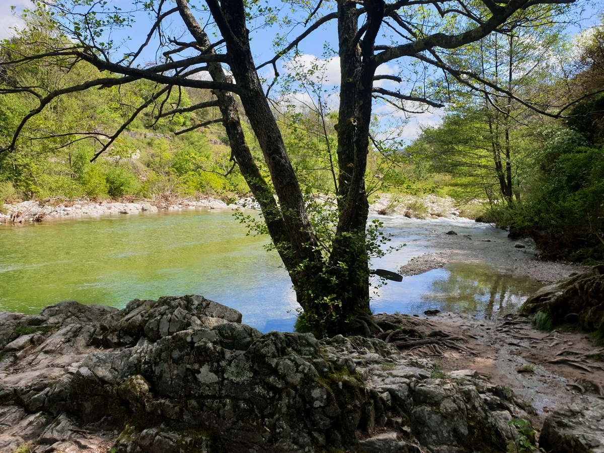 View of the Ardèche fraom the shore at the Pont de Diable